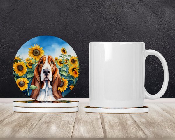 Basset Hound in Sunflowers Large Sandstone Coasters Pack of 4 Sale - Image 2