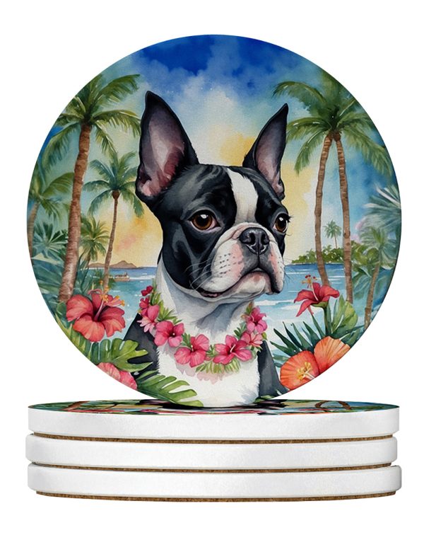 Boston Terrier Luau Large Sandstone Coasters Pack of 4 Supply