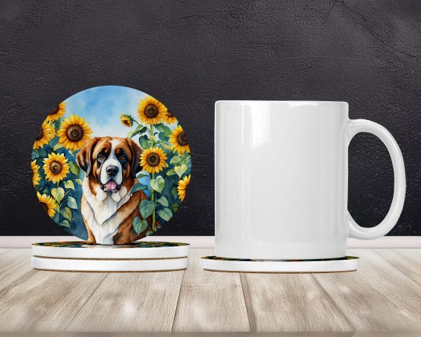 Saint Bernard in Sunflowers Large Sandstone Coasters Pack of 4 Online Sale - Image 2