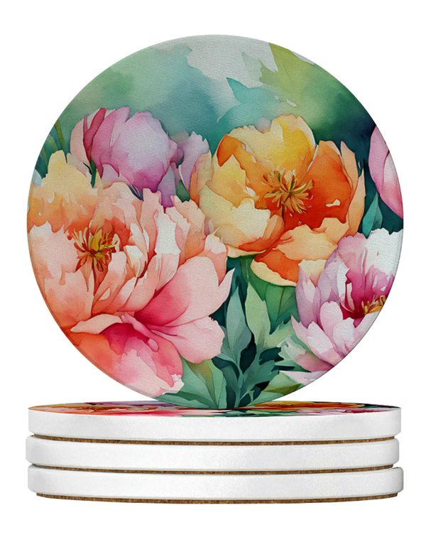 Indiana Peonies in Watercolor Large Sandstone Coasters Pack of 4 Discount