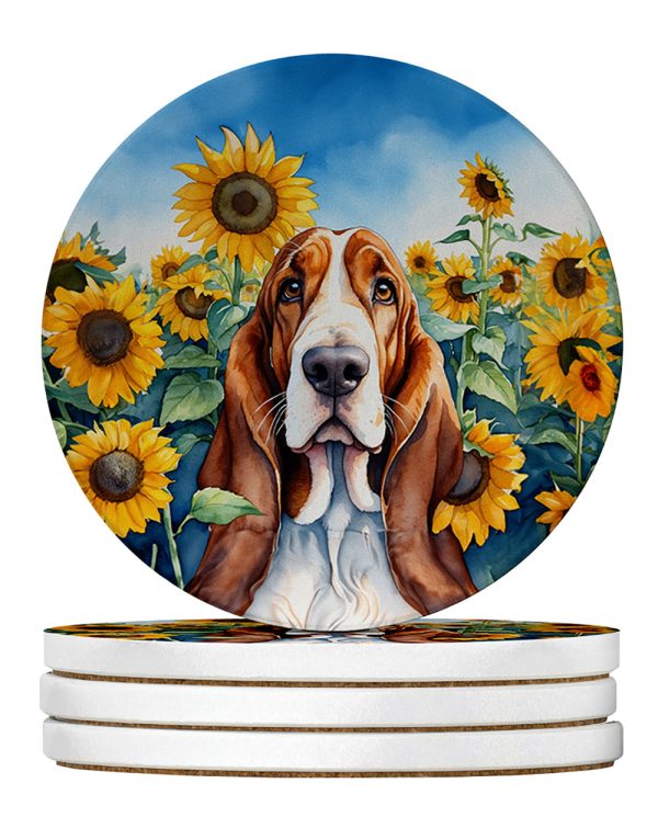 Basset Hound in Sunflowers Large Sandstone Coasters Pack of 4 Sale