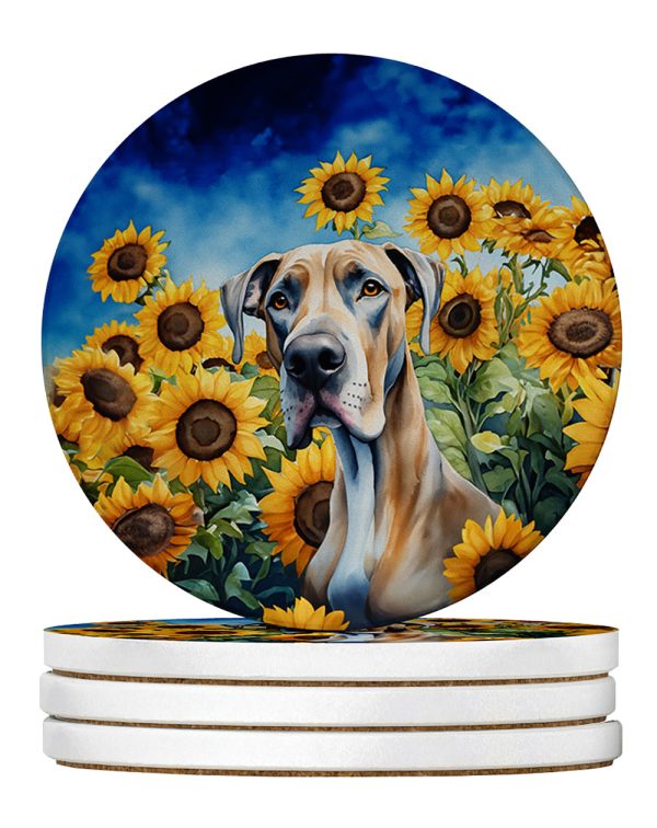 Great Dane in Sunflowers Large Sandstone Coasters Pack of 4 Online Hot Sale