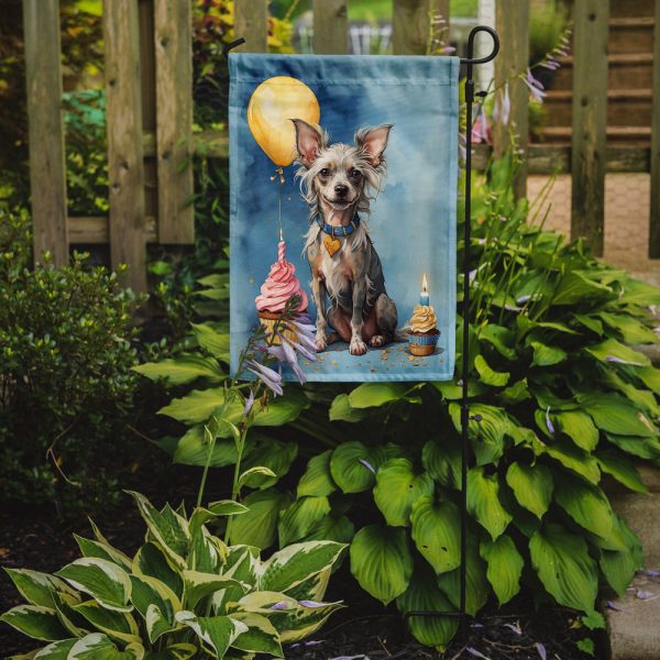 Chinese Crested Happy Birthday Garden Flag –Dog Birthday Cupcake Yard Decor with Balloons For Sale - Image 2