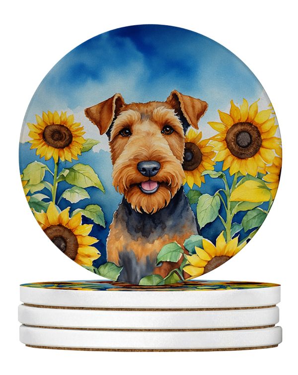 Airedale Terrier in Sunflowers Large Sandstone Coasters Pack of 4 For Cheap