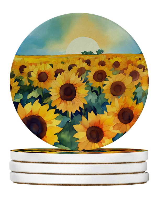 Kansas Sunflowers in Watercolor Large Sandstone Coasters Pack of 4 For Cheap