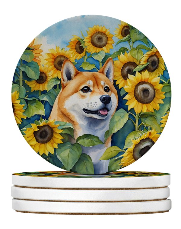 Shiba Inu in Sunflowers Large Sandstone Coasters Pack of 4 Supply