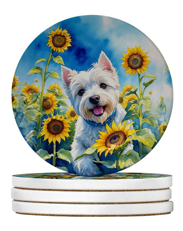 Westie in Sunflowers Large Sandstone Coasters Pack of 4 For Cheap