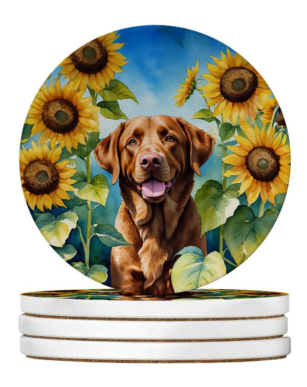 Chesapeake Bay Retriever in Sunflowers Large Sandstone Coasters Pack of 4 For Cheap