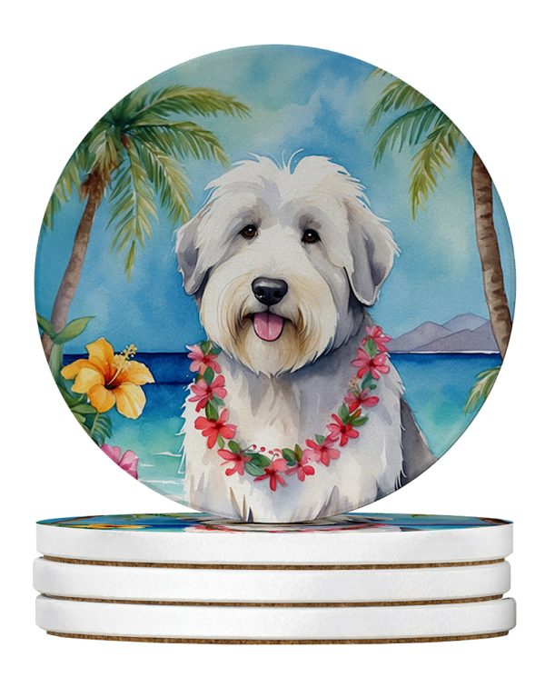 Old English Sheepdog Luau Large Sandstone Coasters Pack of 4 For Cheap