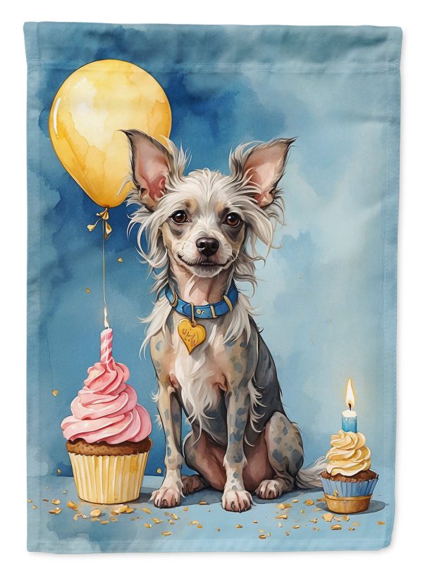 Chinese Crested Happy Birthday Garden Flag –Dog Birthday Cupcake Yard Decor with Balloons For Sale