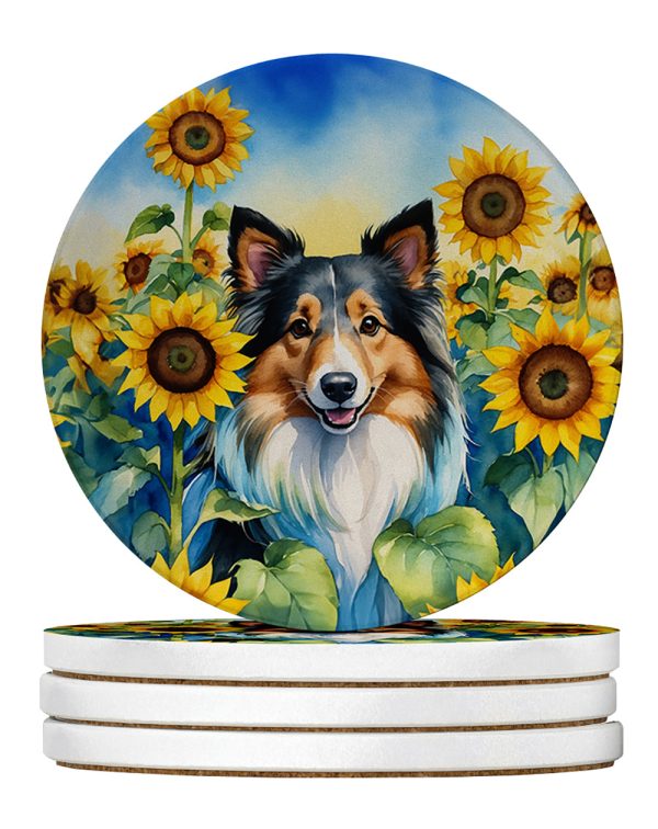 Sheltie in Sunflowers Large Sandstone Coasters Pack of 4 Sale