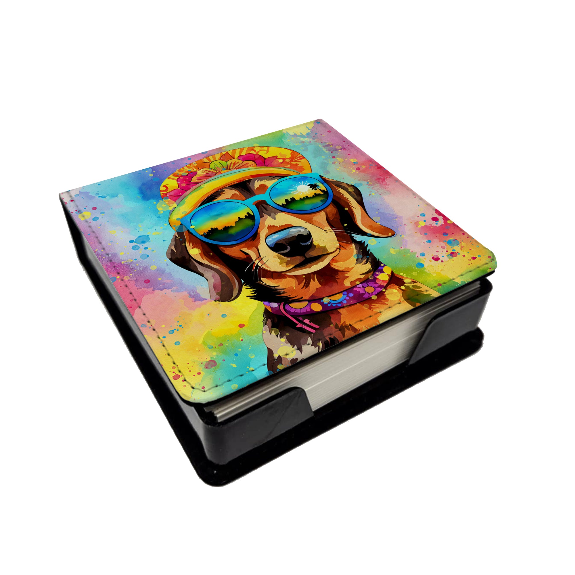 Dachshund Hippie Dawg PU Leather Note Paper Holder Supply