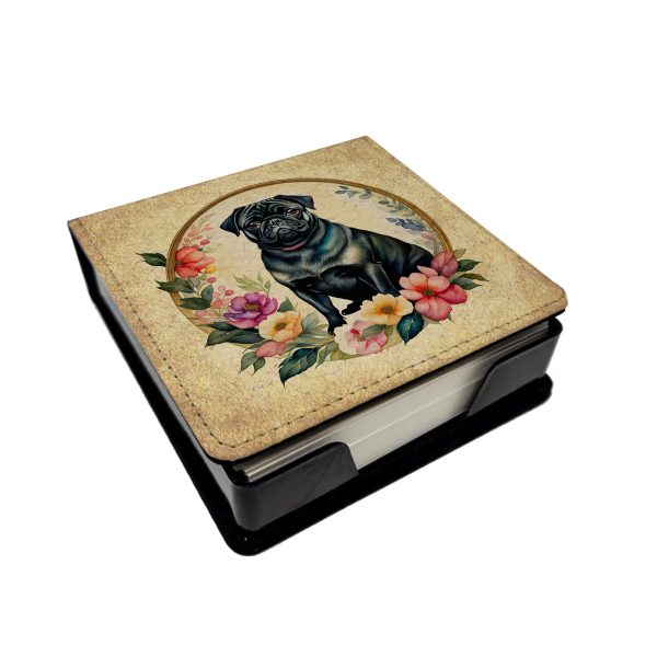 Black Pug and Flowers PU Leather Note Paper Holder Sale
