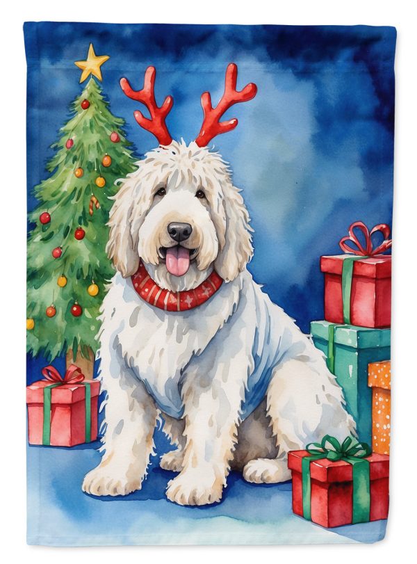 Komondor Christmas Garden Flag – Dog in Reindeer Antlers with Tree & Gifts Hot on Sale