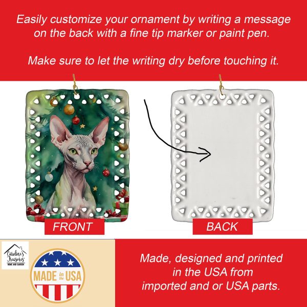 Donskoy Don Sphynx Cat By the Christmas Tree Porcelain Ornament Supply - Image 3