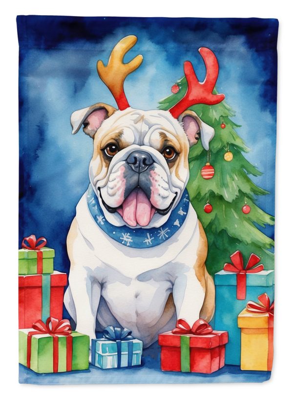 White English Bulldog Christmas Garden Flag – Dog in Reindeer Antlers with Tree & Gifts For Cheap