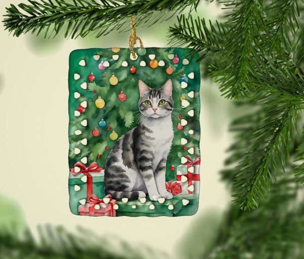 American Wirehair Cat By the Christmas Tree Porcelain Ornament Discount - Image 2