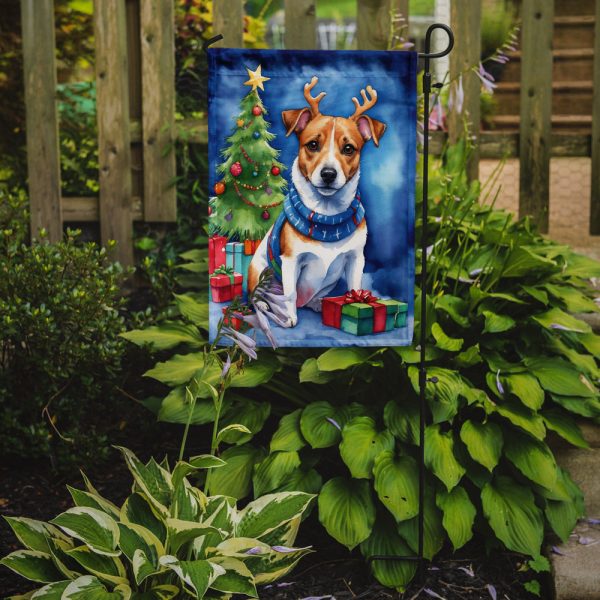 Jack Russell Terrier Christmas Garden Flag – Dog in Reindeer Antlers with Tree & Gifts Sale - Image 2