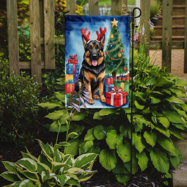 German Shepherd Christmas Garden Flag – Dog in Reindeer Antlers with Tree & Gifts Fashion - Image 2