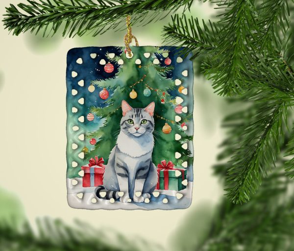 Aegean Cat By the Christmas Tree Porcelain Ornament Online - Image 2