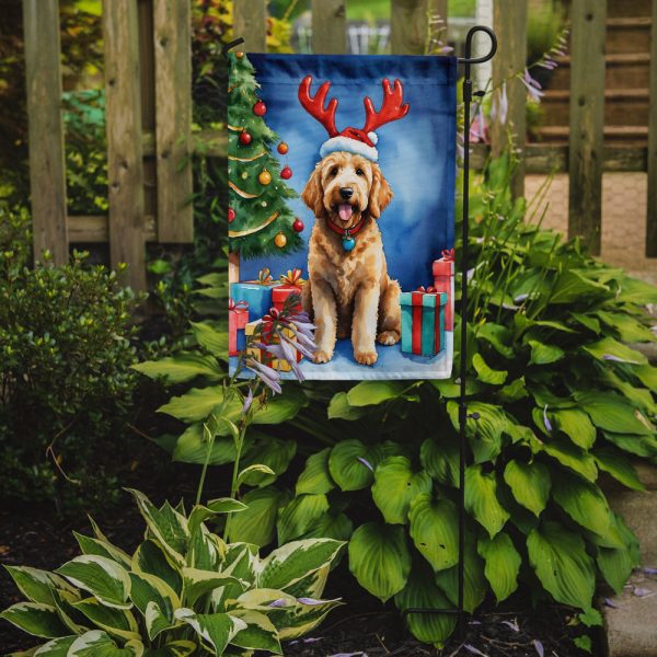 Goldendoodle Christmas Garden Flag – Dog in Reindeer Antlers with Tree & Gifts on Sale - Image 2