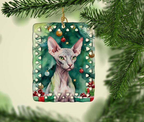 Donskoy Don Sphynx Cat By the Christmas Tree Porcelain Ornament Supply - Image 2