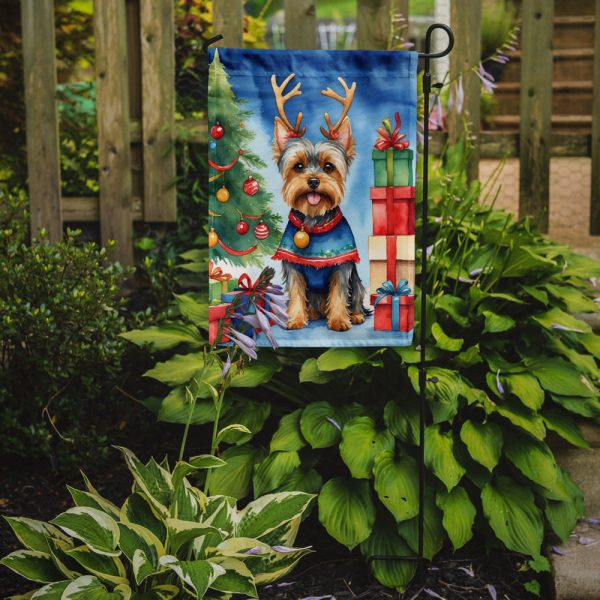 Yorkshire Terrier Yorkie Christmas Garden Flag – Dog in Reindeer Antlers with Tree & Gifts For Sale - Image 2