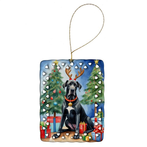 Black Great Dane Christmas Reindeer Porcelain Ornament For Sale