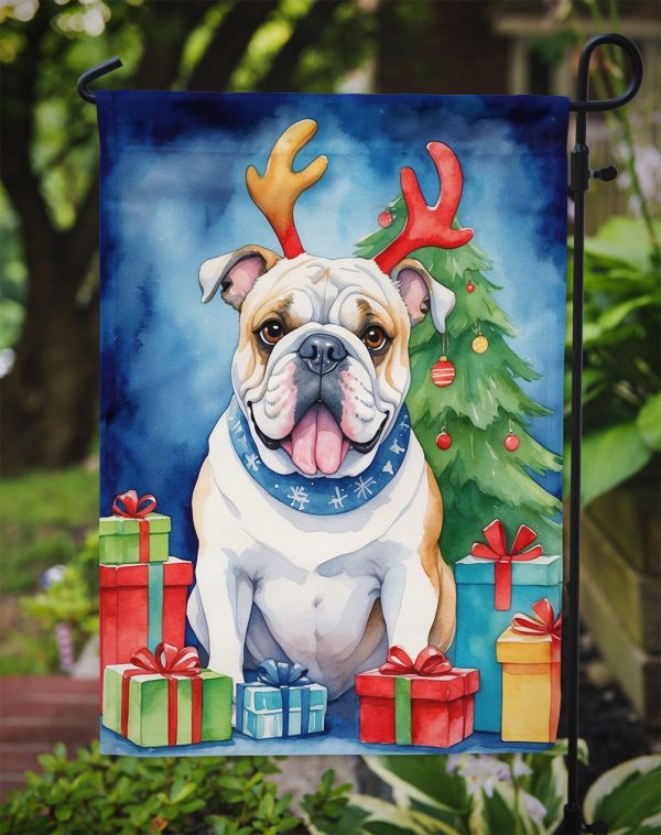 White English Bulldog Christmas Garden Flag – Dog in Reindeer Antlers with Tree & Gifts For Cheap - Image 3
