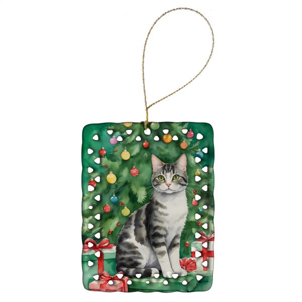 American Wirehair Cat By the Christmas Tree Porcelain Ornament Discount