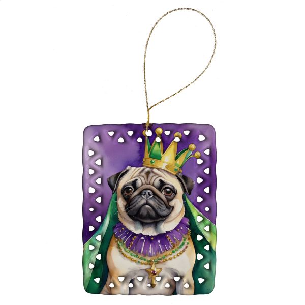 Pug King of Mardi Gras Porcelain Ornament For Sale