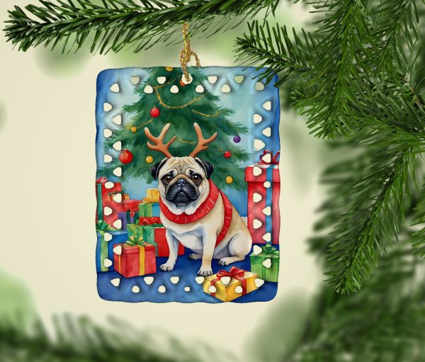 Pug Christmas Reindeer Porcelain Ornament Hot on Sale - Image 2
