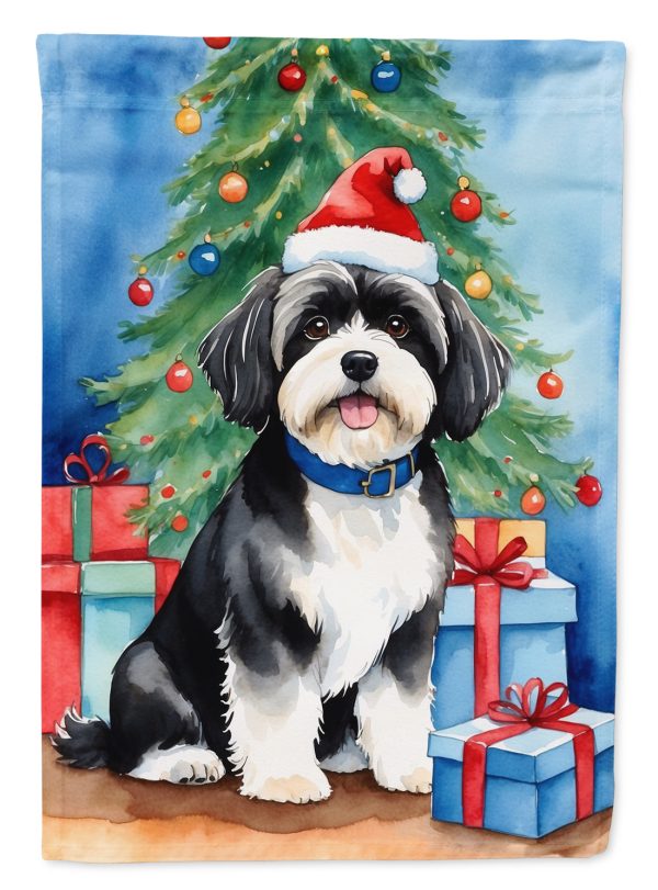 Havanese Christmas Garden Flag – Dog in Reindeer Antlers with Tree & Gifts For Sale