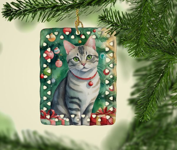 Asian Cat By the Christmas Tree Porcelain Ornament on Sale - Image 2