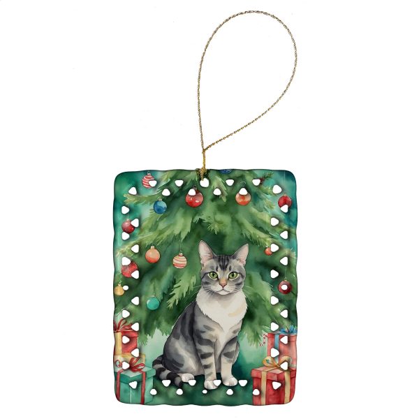 German Rex Cat By the Christmas Tree Porcelain Ornament Online