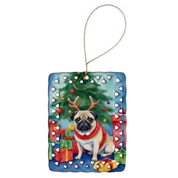 Pug Christmas Reindeer Porcelain Ornament Hot on Sale