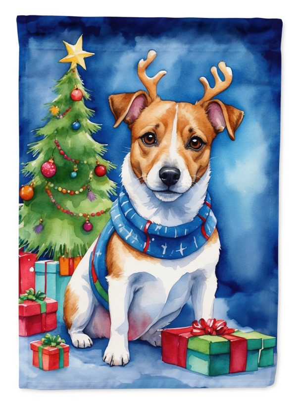 Jack Russell Terrier Christmas Garden Flag – Dog in Reindeer Antlers with Tree & Gifts Sale