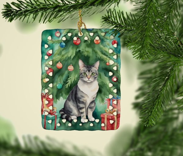 German Rex Cat By the Christmas Tree Porcelain Ornament Online - Image 2
