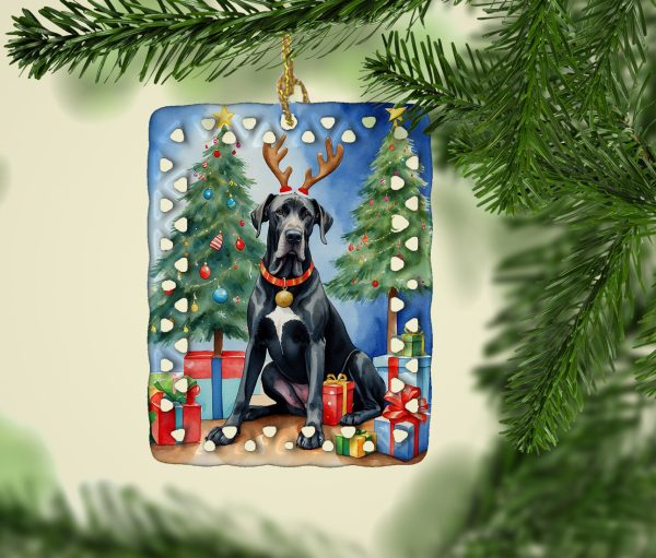 Black Great Dane Christmas Reindeer Porcelain Ornament For Sale - Image 2