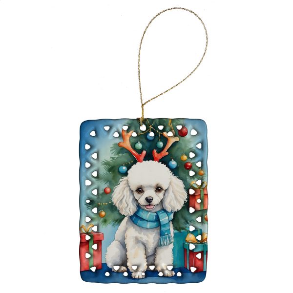 White Toy Poodle Christmas Reindeer Porcelain Ornament Fashion
