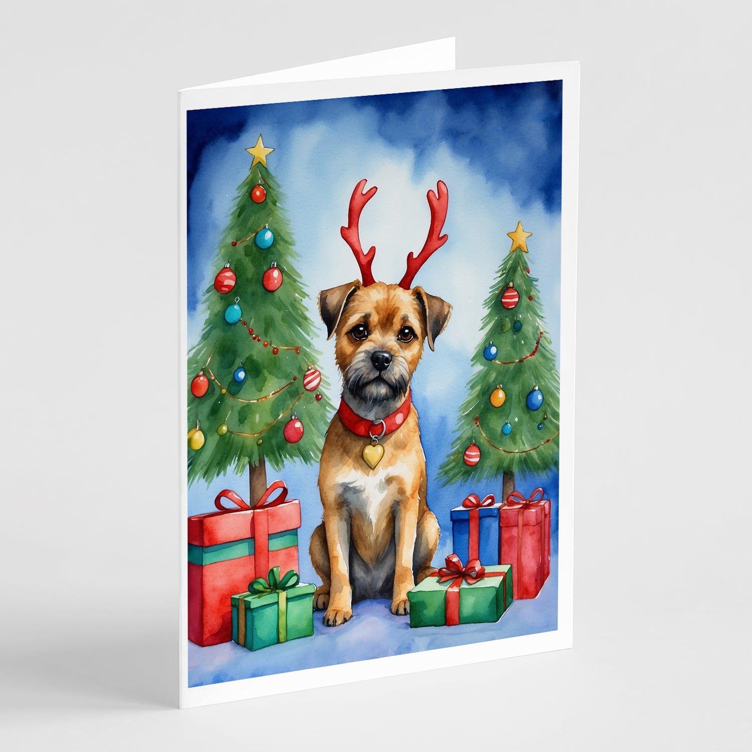 Border Terrier Christmas Reindeer Greeting Cards Pack of 8 Fashion
