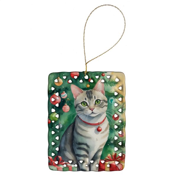 Asian Cat By the Christmas Tree Porcelain Ornament on Sale