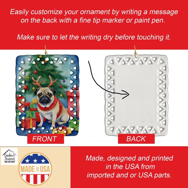 Pug Christmas Reindeer Porcelain Ornament Hot on Sale - Image 3