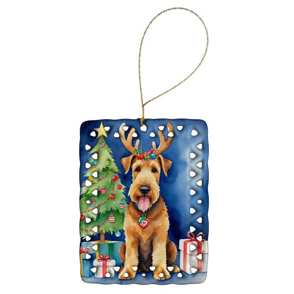 Airedale Terrier Christmas Reindeer Porcelain Ornament Online Sale