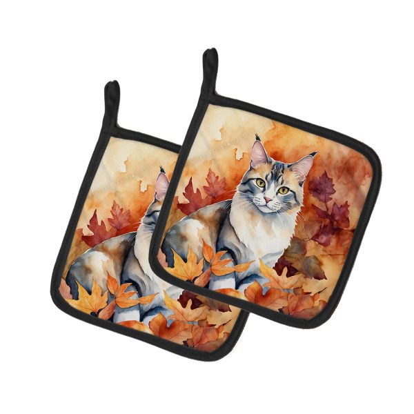 Aphrodite Giant Cat in Fall Leaves Pair of Pot Holders For Cheap