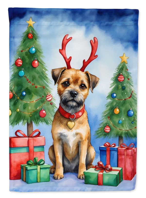 Border Terrier Christmas Garden Flag – Dog in Reindeer Antlers with Tree & Gifts Online now