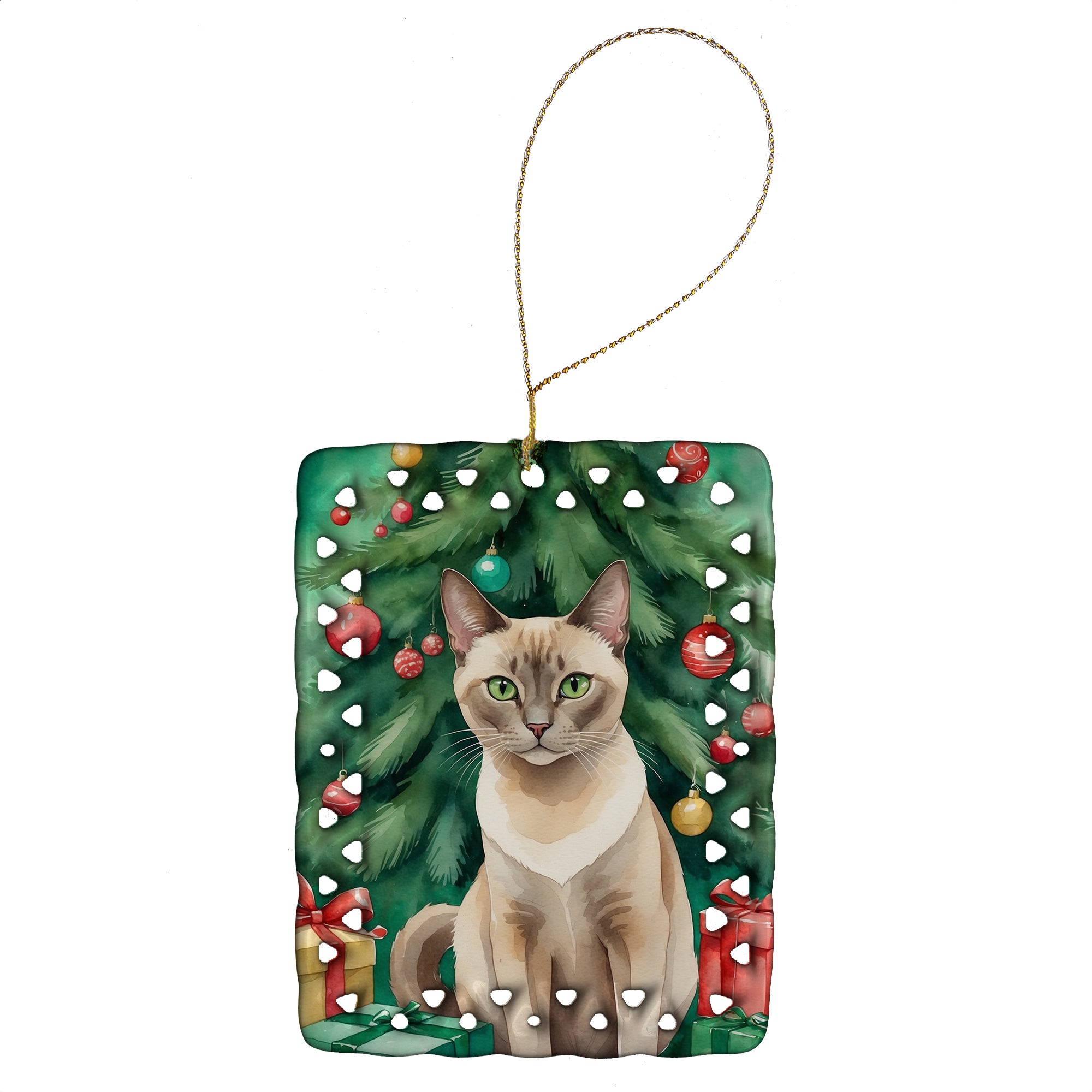 Tonkinese Cat By the Christmas Tree Porcelain Ornament Online