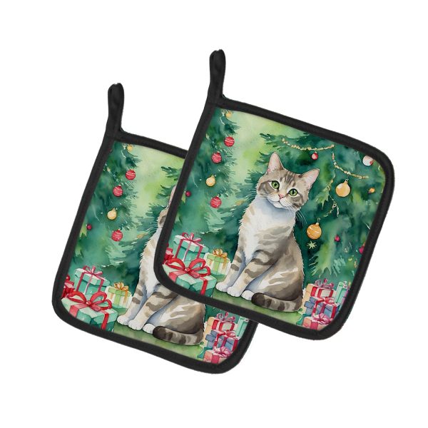 Pudelkatze Cat By the Christmas Tree Pair of Pot Holders For Sale