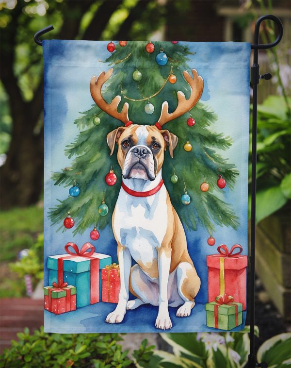 White Boxer Christmas Garden Flag – Dog in Reindeer Antlers with Tree & Gifts Hot on Sale - Image 3