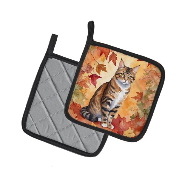 California Spangled Cat in Fall Leaves Pair of Pot Holders Hot on Sale - Image 2
